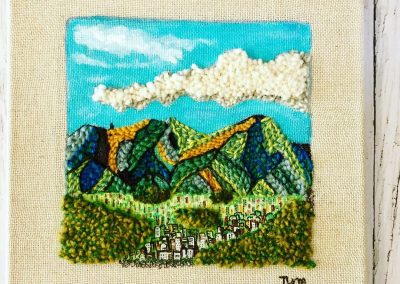 tableau paysage de montagne punch neddle peinture et encre mixed media bluvert soul