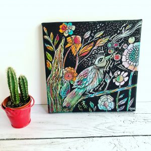 tableau technique mixte mixed media oiseau et fleurs noir et couleurs