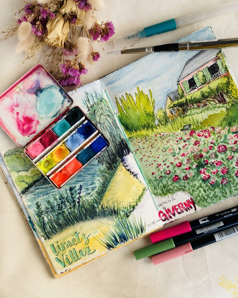 idee de carnet creatif : tenir un carnet de voyage dessin et aquarelle mixed media