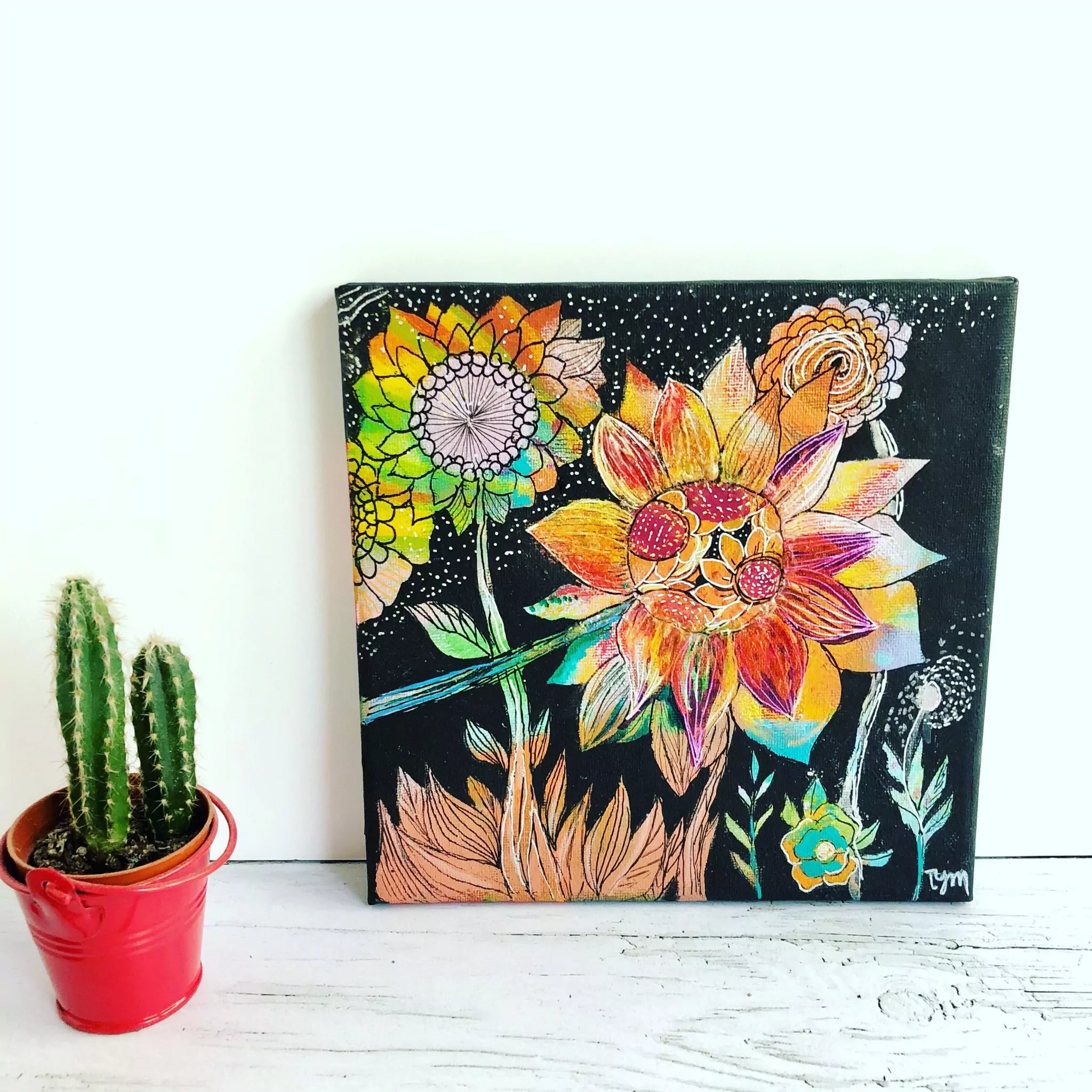 Peinture original, acrylique sur toile en technique mixte, motif floral