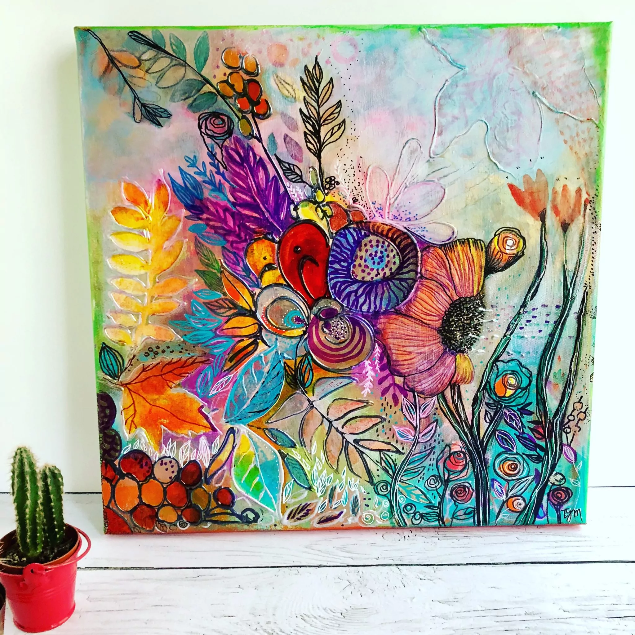 Peinture en technique mixte florale