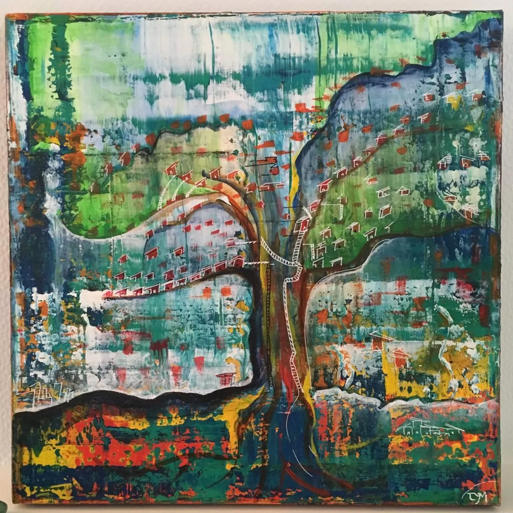 bluevertsoul-tym-peinture-objet d art-décoration maison-style boho-colorful mixed media painting-wall hanging decor