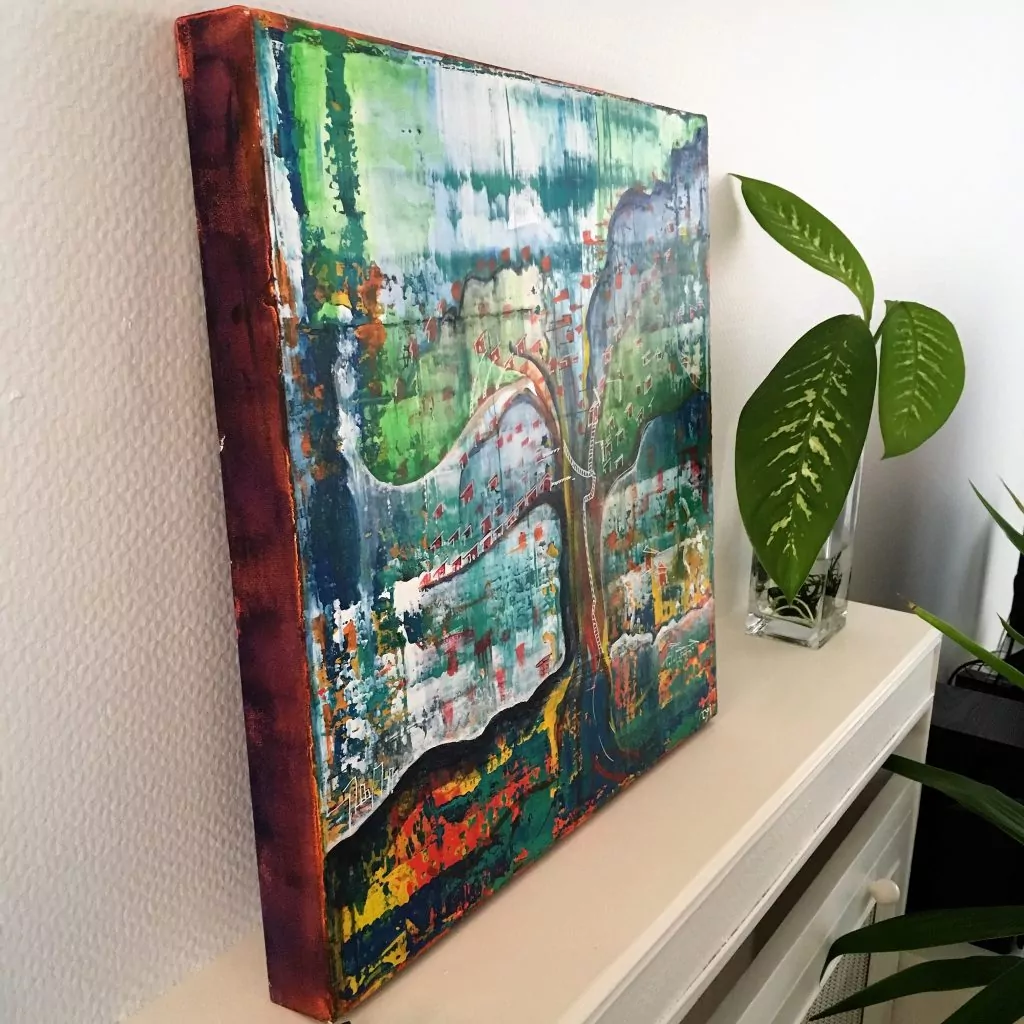 bluevert soul-tym-peinture abstraite- style jungle urbaine-detaol-decoration interieure-colorful painting wall hanging decor