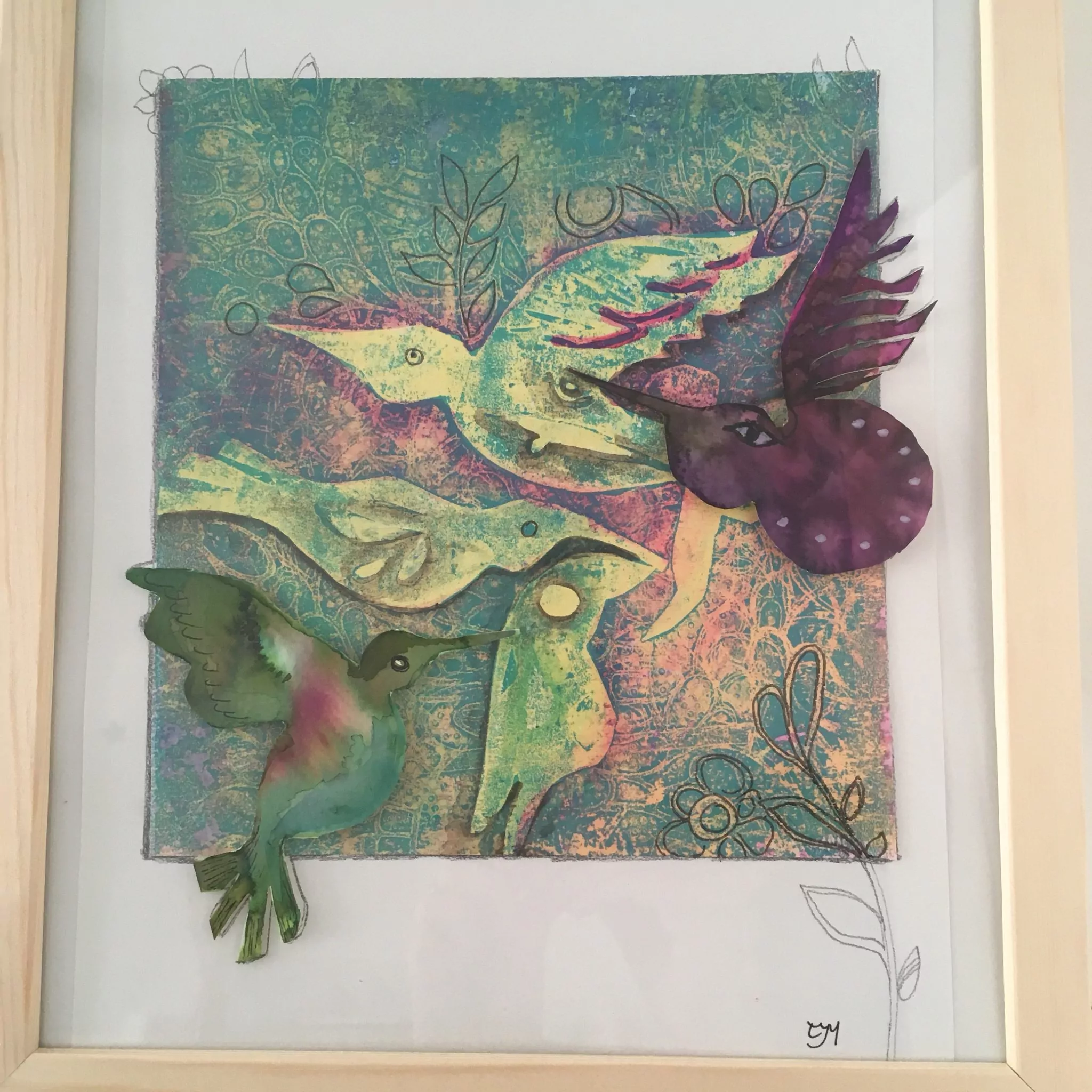 Peinture technique mixte abstraite, œuvre originale sur papier, illustration oiseaux, déco maison, style tropical, illustration exotique