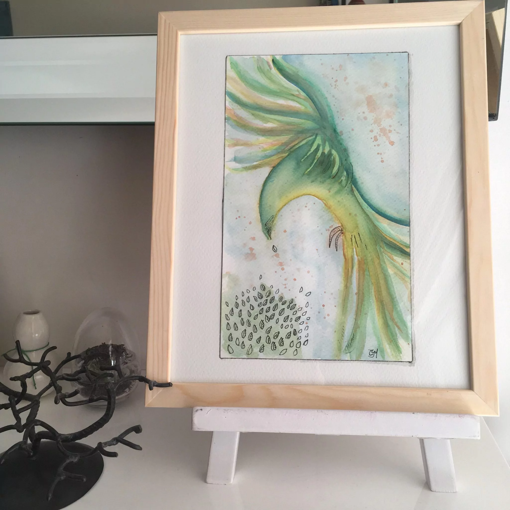 Aquarelle abstraite, peinture originale sur papier, illustration oiseau, art mural, perroquet vert style tropical, illustration exotique.