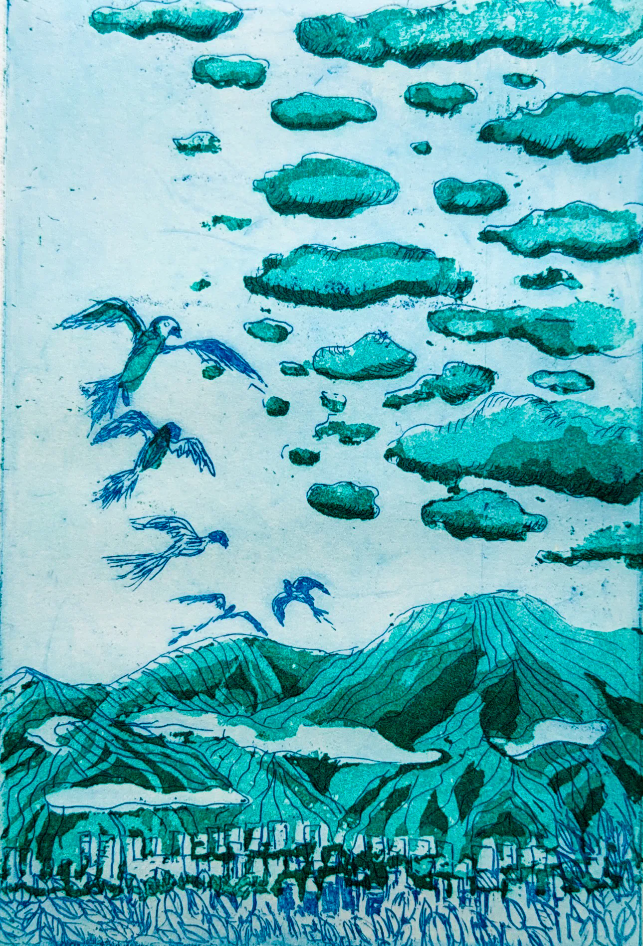 Tatiana Ynés Martin-artiste visuelle-estampe-eauforte-aquatinte-Ailes d'espoir-Caracas paysage